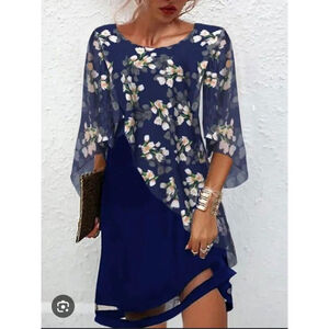 Women's Unbranded Navy Blue White Floral Asymmetrical Dress Plus Size XXL